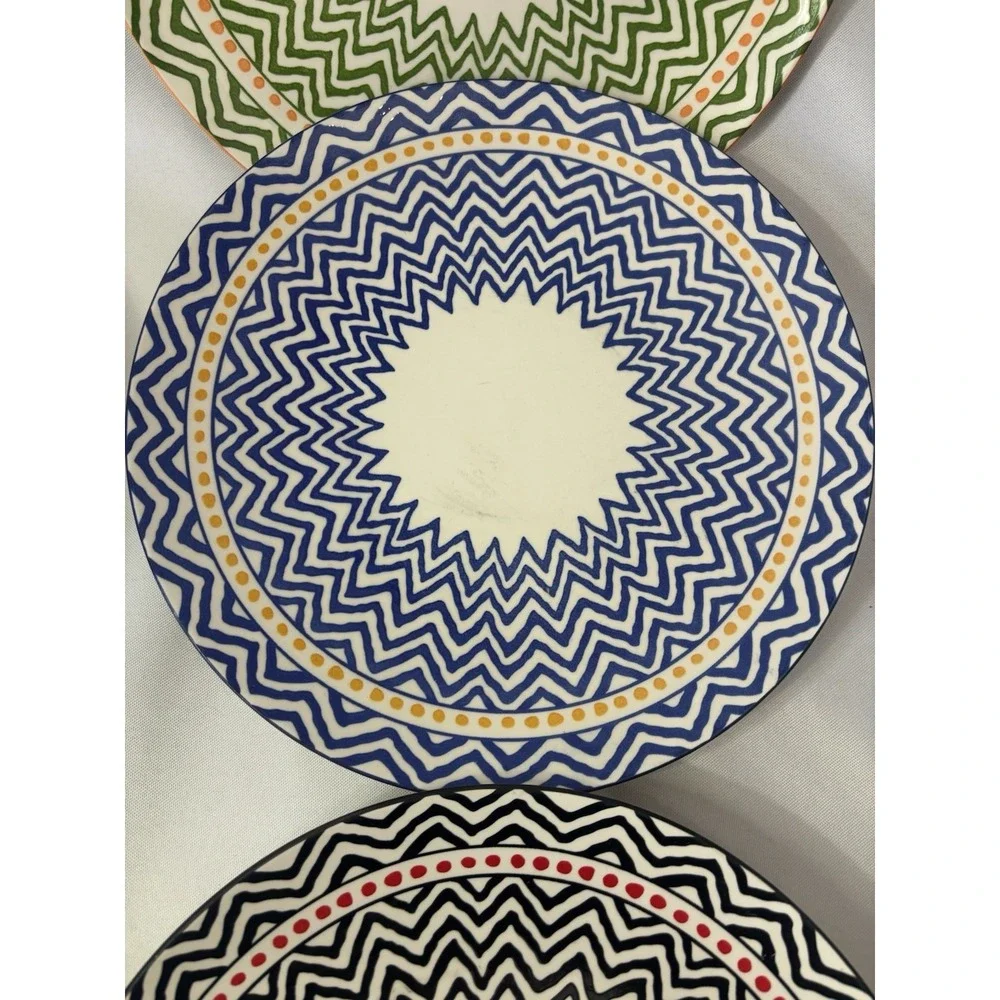 Set Of 6‎ Handmade Geometric Zig Zag Colorful Dinner Plates  10.25